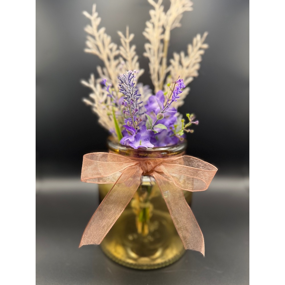 Faux Lavender Floral Arrangement in Amber Glass Jar with Ribbon Decor